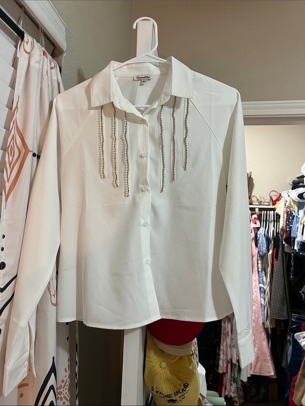 Camilla White Button-Down Blouse with Beaded Fringe